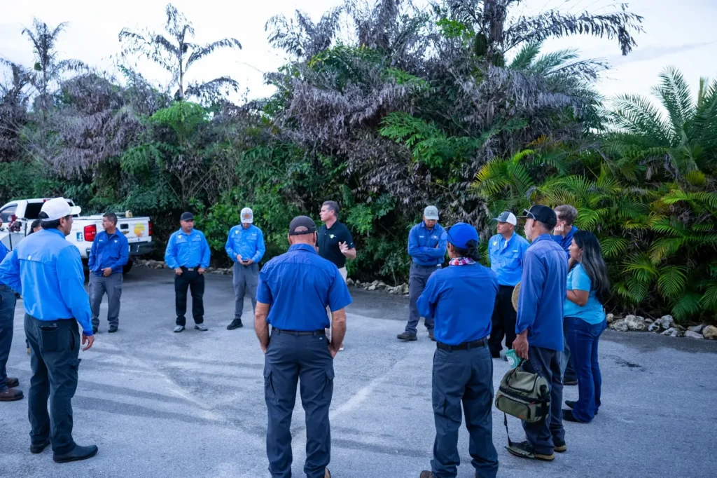 Uniformed Premier crew at the morning meeting
