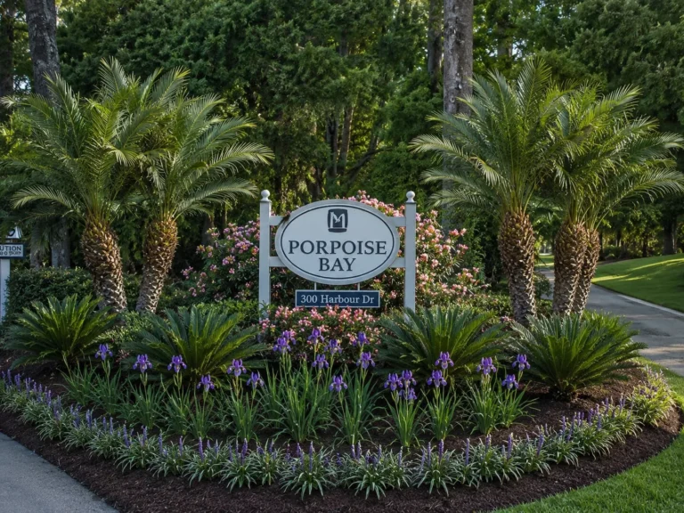 Porpoise Bay community entrance landscape design with palms, cycads and iris