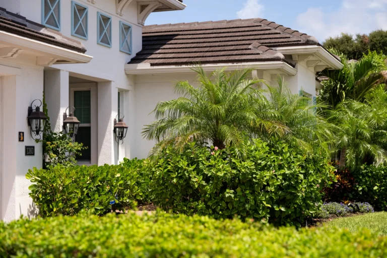 Home entry with full, clean landscape beds and pygmy date palms
